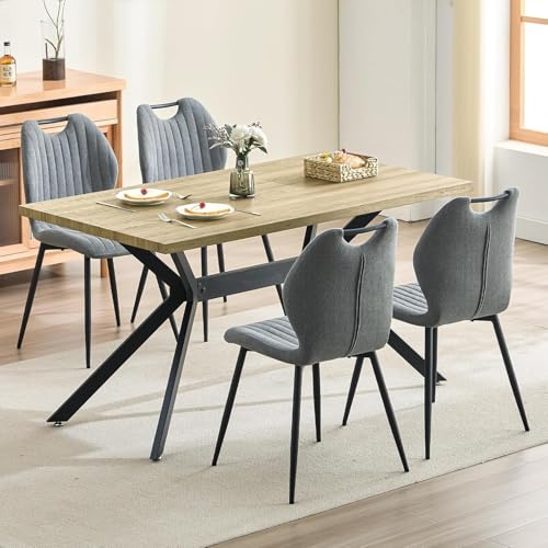 LEWE Juego de Mesa de Comedor con 4 Sillas, 140 X 80 X 76 cm Mesa de Comedor Rectangular de Madera y 4 Sillas de Comedor, Respaldo Alto, Patas de Hierro Negro, Adecuado para Cocina, Comedor y Salón