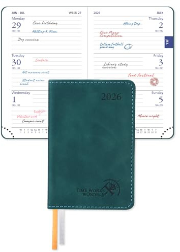 POPRUN Mini Pocket Diary 2026 A7 Week to View 12 x 8 cm, Palm-sized Slimline Calendar 26 Weekly Planner with 70 gsm Paper, PU Leather Soft Cover(Peotrol Green)