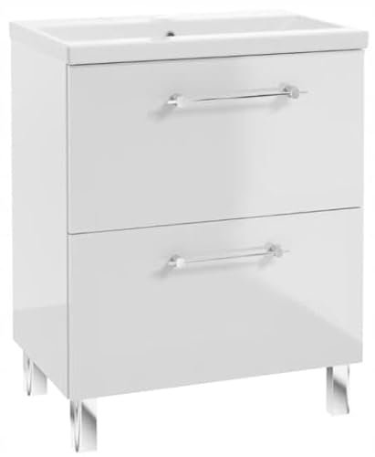.Deftrans - Mueble bajo lavabo de 80 cm de pie - Lavabo con armario bajo blanco brillante - Lavabo con armario bajo y cajones - Mueble de baño moderno - 80 x 50 x 40 - [cm]
