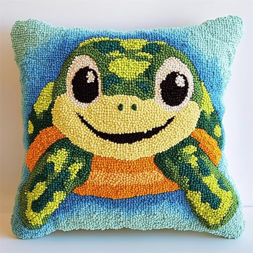 Kit di ganci a chiusura per cuscino,kit di ricamo,Tartaruga verde dei cartoni animati,gancio di chiusura per cuscino principianti,federa per cuscino da divano,43x43cm