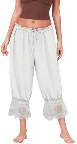 WangsCanis Women Lace Trim Long Bloomer Pants Y2k Smocked Elastic Waist Ruffle Pettipants Pantaloons Cropped Slip Pants(White,Small)