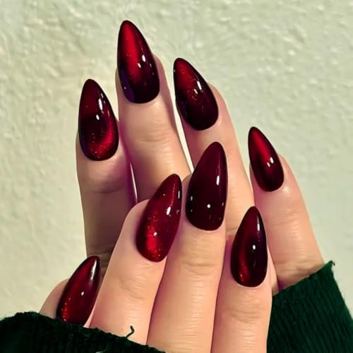KQueenest Unghie finte a pressione color rosso vino nero a forma di occhio di gatto mandorla medio smaltate glitterate medie, bordeaux lucido luccicante in acrilico, set di unghie finte gotiche