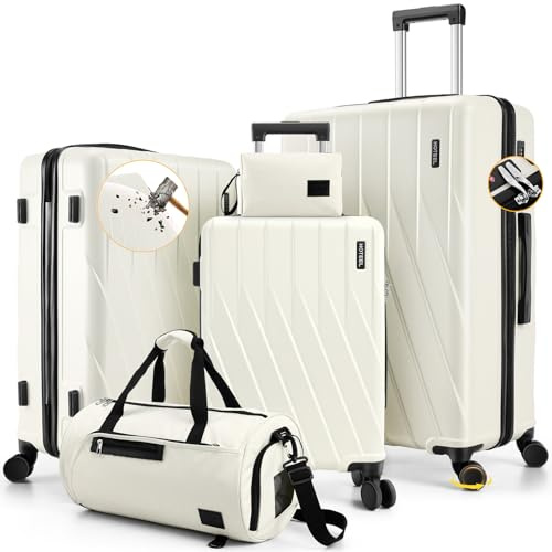 Hoteel 3 Piece Hardshell Luggage Set, 4-Year Limited Warranty, Spinner Wheels, TSA Lock, Hardshell Suitcase Set for Business and Travel, Beige, 3pc (20 + Duffel + Toiletry Bag), 3 Piece Luggage Set