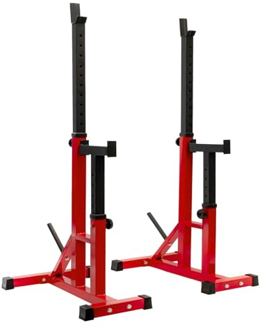 Soporte Ajustable para Barra de Pesas y Sentadillas, Rack de Levantamiento de Peso, Estructura de Metal Rojo y Negro, Capacidad Máxima 250 KG, para Gimnasio en Casa