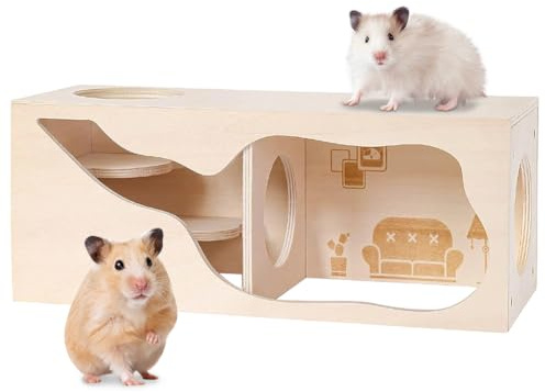 Casa de madera para hámster con cámara y túnel, casa para animales pequeños, casa de hámster de madera, juguete de exploración para animales pequeños como hámsters, erizos, ratas y ratones