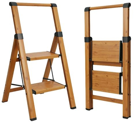 UABA Escalera Plegable de Aluminio Efecto Madera para hogar y Cocina, 2 peldaños, peldaños Anchos Antideslizantes, EN 131