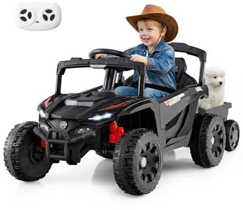GYMAX Kids Ride on Tractor and Trailer, 12V Battery Powered Toy Car with Remote Control, Light, Music and Spring Suspensions, 2-in-1 Children Electric Car for 3+ Years Old (Black) | with Remote Control, Light, Music and Spring Suspensions, 2-in-1 Children Electric Car for 3+ Years Old (Black)