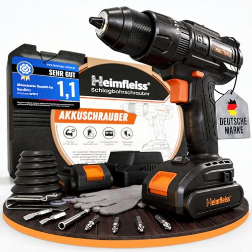 Heimfleiss® Professional 20V Akkuschrauber Set | 3-in-1 Akku Schlagbohrschrauber inkl. 2x 2.0Ah Akkus + Ladegerät | 2-Gang Bürstenloser Akku Bohrschrauber mit 60Nm | Werkzeugkoffer mit Akkuschrauber