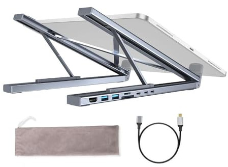 Yurosuis Soporte para portátil con estación de Acoplamiento | 8 en 1 Hub con Soporte Portátil | Transferencia de Datos a 5 Gbps y Soporte Plegable para Laptop con Puertos USB | Escritorio, Oficina,