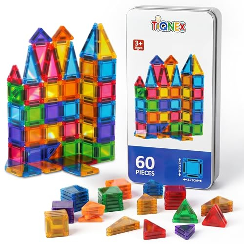 TIQNEX Magnetic Tiles Travel Set 60 Pieces with Metal Carry Case | Magnetic Building Blocks for Kids | Magnet Tiles STEM Toy for Boys and Girls Ages 3 to 8 | Compact Travel Storage Tin