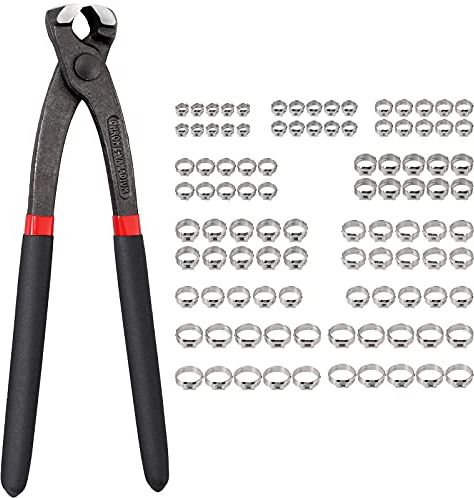 Hose Clip Clamp CAMWAY Ear Hose Clips Plier with 100pcs 5.8-21mm Single Ear Stepless Hose Clamps, 304 Austenitic Stainless Steel Cinch Crimper, Seal Holes, TUV Certification Clamping Tool Kit