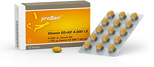 proSan Vitamin D3+K2 4.000 I.E. | 30 Kapseln | hochdosiert 4.000 I.E. Vitamin D3 + 100% NATÜRLICHES Vitamin K2 All-Trans 100 µg | hohe Bioverfügbarkeit | in Deutschland hergestellt | kleine Kapseln