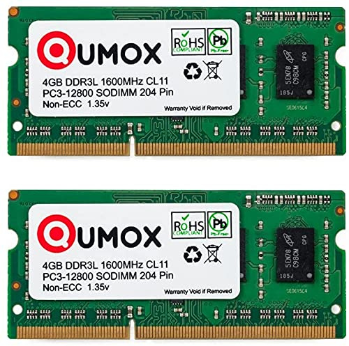 Qumox 8GB (2x4GB) DDR3L 1600MHz PC3-12800 CL11 Memoria RAM para Portátil (204 Pin SO-DIMM, 1.35V, Non-ECC)