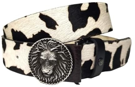 Cintura in vera pelle cavallino maculata leopardata zebrata patchwork accorciabile senza viti. confezione in cartone eco e sacchetto cotone. Made in Italy. (Placca Cow BlackOpaco 4x130)