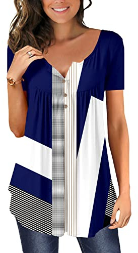 Magritta Women's Tunic Tops for Leggings Ladies Short Sleeve T Shirts Summer Striped Tshirt Casual Button Up Henley Shirt Ruffle Blouses Clothes Geometry Large