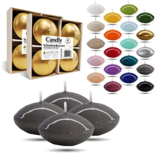 CANDLY HANDMADE© 4x Groß Schwimmkerzen Premium Ø 70mm | Geburtstag & Namenstag, Hochzeit, Hochzeitsempfang, Valentinstag, Ostern, Weihnachten, Elegante Haus Dekoration, Candles, Kerzen (Grau)