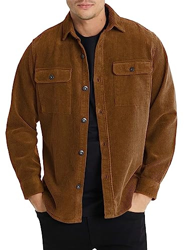 Elegancity Uomo Camicia in Velluto a Coste a Manica Lunga Casual Camicia Uomo Giacca Regular Fit Button Up Camicia Giacca con Tasca con Patta Marrone，L