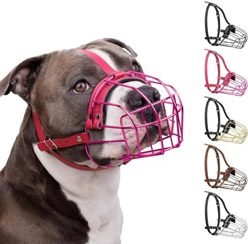 BRONZEDOG Pitbull Dog Muzzle Metal Mask Amstaff Wire Basket Pit Bull Adjustable Leather Straps for Large Dogs