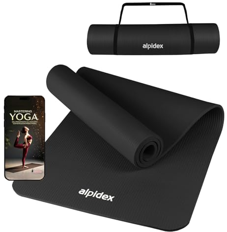 ALPIDEX Tapis de Yoga 183 x 60 x 0.8 cm Matelas Sport Gymnastique E-Book Antidérapant sans Phtalates Sangle Transport Pilâtes Gym Aérobic Stretching Entraînement, Black