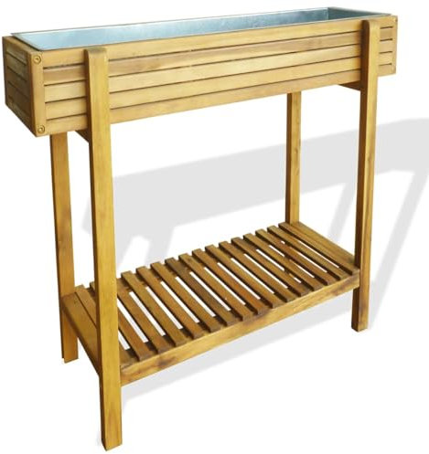 LAPOOH Erhöhter Garten-Hochbeet, Hochbeet Balkon, Pflanztisch, Kräutergarten, Kräuterbeet, Kräuterspirale, Blumenkasten, Pflanzkasten, Akazie Massivholz und Zink
