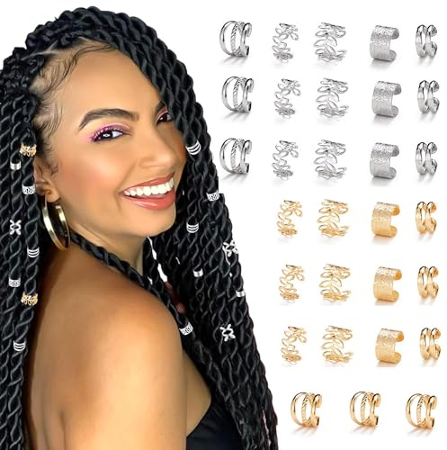 QIUMING 30pcs Haarringe für Zöpfe Dreadlocks Schmuck Haarspiralen Clips Haar Haarspiralen Clips Geflecht Ringe Verstellbar Braids Schmuck Gewebter Für Frauen Männer Zöpfe Dekoration (Gold + Silber)