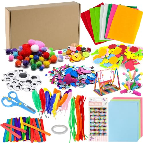 Lucywey 1500+ Stück Bastelset Kinder, Bastelbedarf für Kinder, Kreativ Bastelzubehör DIY Bastelmaterial Pfeifenreiniger, Pompons,Kulleraugen, Federn, Knöpfe, Pailletten Eisstangen, Filztuch usw.