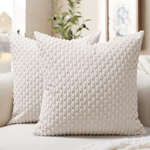 Softalker 60x60 cm Kissenbezug Beige Weiß Cord 2er Set flauschig und weich Winter Herbst Kissenhüllen Kissen Bezug Sofakissenbezüge Couchkissen Dekokissen Deko für Wohnzimmer Sofa Stuhl Schlafzimmer