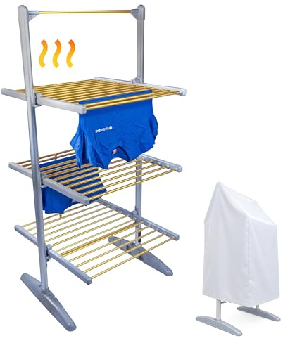 Silvergear® Elektrischer Wäscheständer Turm Premium mit Heizfunktion und Abdeckhaube | 4-stufiger Standtrockner für Innenräume | Temperatur einstellbar 30-70°C | Wäschetrockner | 73x70x147 cm | Grau