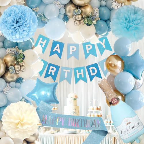 Geburtstagsdeko Blau - Geburtstagsdeko Junge Frauen Mann,Deko Geburtstag Babyblau Weiß Gold Party Deko Luftballons, Deko Geburtstag mit Papierbommeln, Happy Birthday Banner,Sash