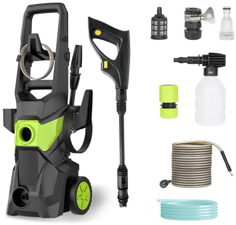 Hidrolimpiadora Máximo 135Bar, Limpiador de Alta presión, 1500W, 450L/H, Manguera de 1,8M + 10M y Acoplamiento Rápido, Jarra de Espuma, Cable Eléctrico de 1,5M, Casa, Jardín o Coche