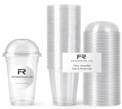 FR Enterprises Strong Clear Smoothie Cups with Dome Lids - 50 Pack 8oz (236ml) Milkshake Reusable Plastic Cups for Iced Tea, Coffee, Cold Drinks