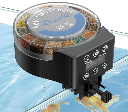 Pawfly Distributeur Automatique de Nourriture pour Aquarium pour Vacances Doseur Réglable pour Granulés & Poudre (108ml) pour Bassin et Aquarium Alimentation par Piles (Non Incluses)