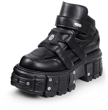 LRMYMHY Bottines Gothiques Punk à Lacets Noires pour Femmes - Bottes de Combat Biker à la Cheville,Noir,38 EU