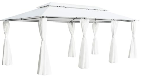 Gazebo da Giardino con Tende, Struttura in Acciaio e Tessuto Poliestere, Design Pratico, Tenda per Feste, Gazebo da Spiaggia, per Camping e Eventi Esterni, Colore Bianco, 600x298x270 cm