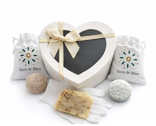 Kit de Cuidado Personal Natural Sólido – Set de Regalo con Jabón Artesanal, Champú Sólido, Espuma de Afeitar sólida y Guante Exfoliante – Cosmética Vegana – Ideal para San Valentín y Día de la Madre