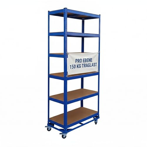 Relaxdays estantería Industrial con Ruedas, 209x90x40 cm, 900 kg, 6 baldas, Acero, Sistema de Montaje, Azul
