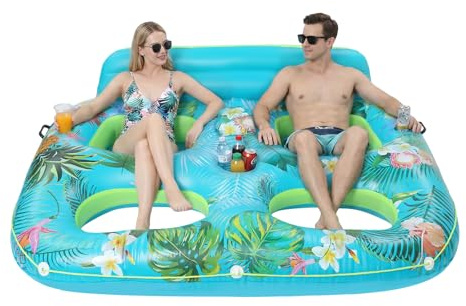 Lounge gonflable pour piscine XXL de 2 personnes, matelas à air avec boîte isotherme, porte-boissons, hamac aquatique, matelas double à air pour piscine, lac, mer jusqu'à 272 kg, bleu