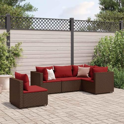 kithwjll Salon de jardin 5 pièces avec coussins, rotin synthétique marron et acier revêtu par pulvérisation, canapé d'extérieur modulaire pour terrasse, balcon, groupe de siège, 110 kg par siège