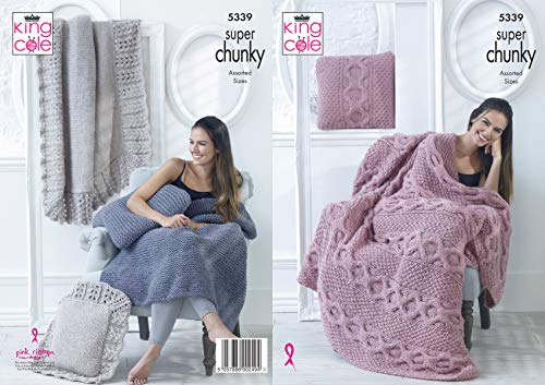 King Cole Super Chunky Knitting Pattern Garter Stitch Cable or Lace Cushion & Blanket (5339)