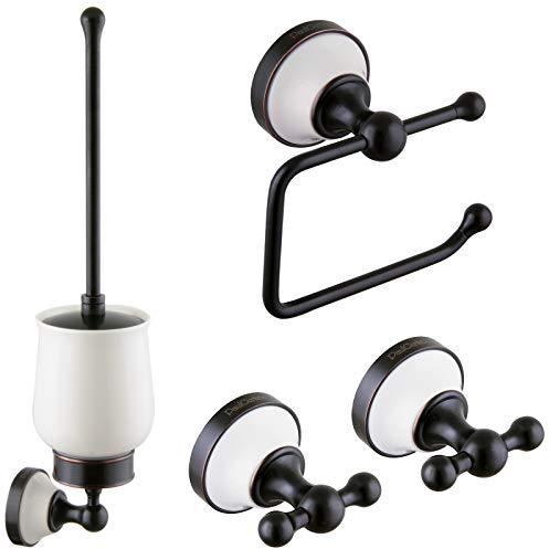 PaulGurkes schwarzes Bad Zubehör Retro Accessoires Set Haken WC-Bürste WC-Papierhalter Vintage Landhausstil Handtuchhaken Klobürste Klopapierhalter schwarz Kupferoptik Kupferelemente Handtuchhalter