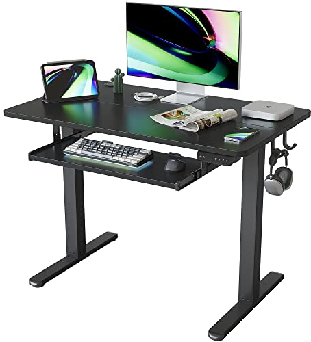 FEZIBO 100 x 60 cm Schreibtisch Höhenverstellbar Elektrisch mit Tastaturablage, Stehpult T-Beine aus Stahl mit Memory-Steuerung, Anti-kollisions System, Schwarz