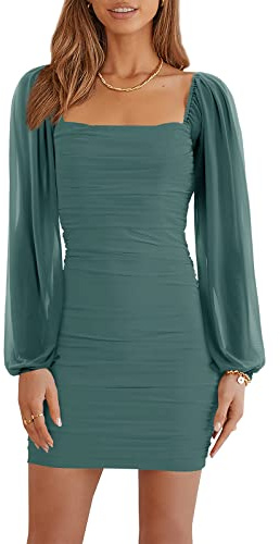Wenrine Damen Kleider Party Cocktail Club Bodycon Kleid Hochzeitsgast Mesh Langarm Square Neck Minikleid Slim Fit(Grün,M)