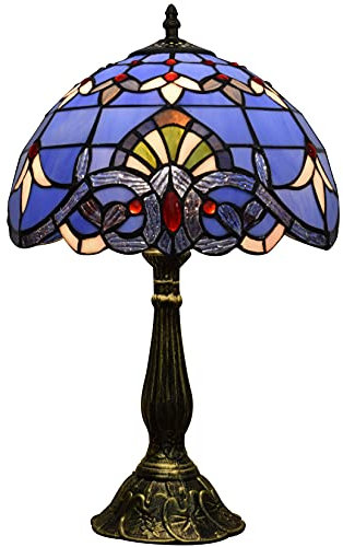 12 Tiffany Style Table Lamp Purple Baroque Stained Glass Lavender Shade Antique Bedside Lamp Metal Base Desk Reading Light Lover Living Room