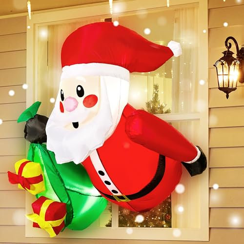 Joiedomi Babbo Natale Gonfiabile Alto 3,5 Piedi con Sacchetti Regalo usciti dalla Finestra, Gonfiabile con LED Integrato per Decorazioni per finestre, Feste di Natale al Chiuso, all'aperto, Cortile