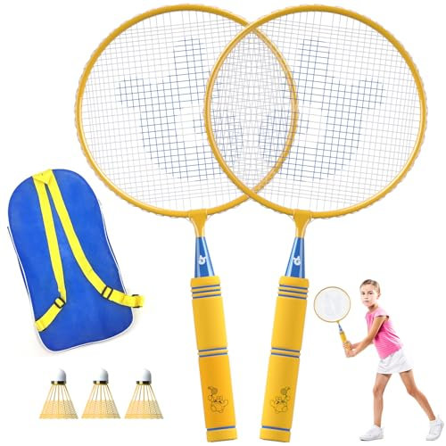 JOY SPOT! Federball Badminton Schläger Set Kinder mit Tragetasche, Leichter Federball Set mit weichem Griff für Kinder, Sportspiel für AnfäNger für Indoor Outdoor im Garten (Gelb)
