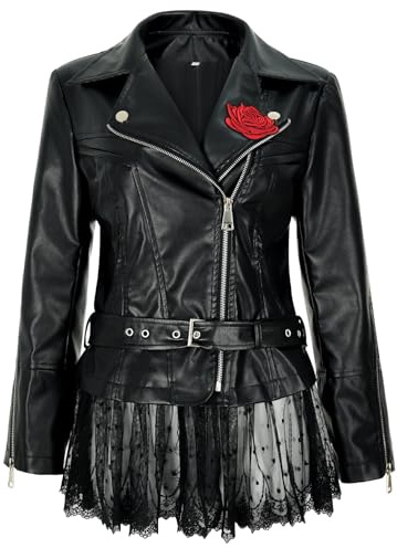 NEKIFUI Women's faux leather lace moto jacket with Peplum rose coat(3XL,Z3526)