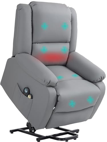 HOMCOM Sillón Relax Reclinable Eléctrico Levanta Personas Sillón Elevador con 8 Punto de Masaje Calor Lumbar 2 Controles Remotos Reposapiés Tela Resistente a los Arañazos y Bolsillo Lateral Gris