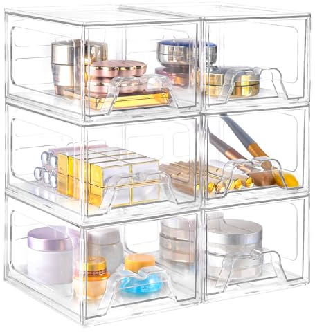 Stebopum 6 Pack Stackable Makeup Organizer, 4.4'' Tall Acrylic Bathroom Makeup Organizer and Storage Drawer with Pull-out Handle, Clear Plastic Storage Bins for Vanity,Pantry,Desk,Undersink,Kitchen