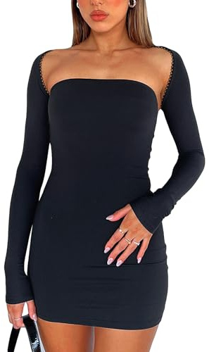 Coloquin Bolero de hombros para mujer, de manga larga, cárdigan bolero con ribete de encaje, chaquetas bolero para vestido, Negro, L