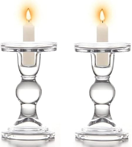 Huiyiwert Lot de 2 bougeoirs piliers modernes en verre transparent pour mariage, fête, Noël, table à manger (14 cm de hauteur)